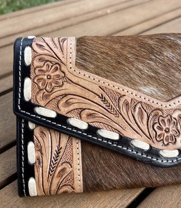 Western Tooled Hair-On Cowhide Leather Ladies <b>Wallet</b> | Handcrafted Floral Carved Long Clutch <b>Purse</b> - Product Image 5