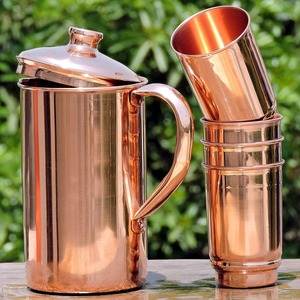 India Hand-made Pure Copper Water Pitcher <b>Jug</b> 1500ML Portable 4 Smooth <b>Drinking</b> Tumbler Glasses 300ML Glossy Touch Art Ayurveda - Product Image 1
