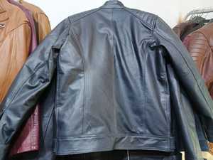 <b>Men's</b> Blue Leather Casual Windproof Moto Biker Jacket Stand Collar Zipper Closure Regular Length Outerwear Solid Winter - Product Image 5