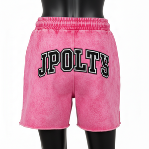 Shorts de mujer de algodón y poliéster con lavado ácido, tacto suave, dobladillo sin rematar, logotipo bordado en chenilla personalizado - Product Image 2