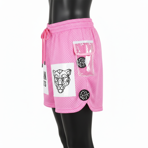 Shorts de basket-ball pour femmes en mesh polyester respirant 160 GSM, rose, avec logo personnalisé par transfert thermique. - Product Image 2