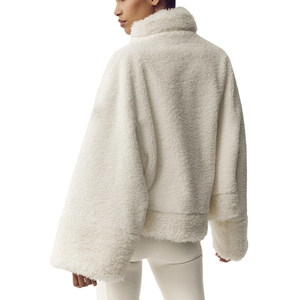 <b>Women's</b> <b>Cream</b> Faux Fur Teddy Coat Stand Collar Buckle Closure Drop Shoulder Thick Winter Jacket - Product Image 2