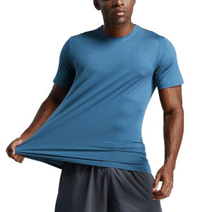 T-shirt pour homme, bleu, manches courtes, col rond, séchage rapide, coupe classique, logo tricoté sur le devant, style streetwear, couleur unie, vêtements de sport - Product Image 3