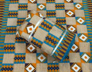 Tela Brocada con Estampado Africano, Patrón Geométrico, Mezcla de Poliéster y Algodón en Naranja y Azul, para Prendas de Vestir y Textiles para el Hogar - Product Image 1