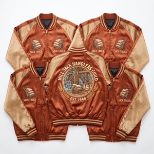 Blouson universitaire en satin à manches raglan et boutons-pression, marron caramel, blanc, avec broderie au dos Grist Millers Guild Grain Milling, style bomber, vente en gros - Product Image 5
