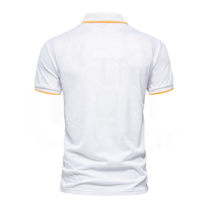 Polo de Manga Corta Blanco para Hombre con Cierre y Rayas Geométricas Amarillas y Azul Marino, Diseño Casual de Punto - Product Image 2