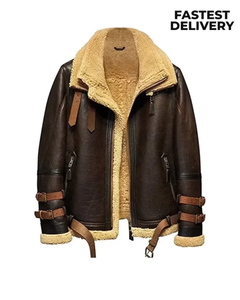 Veste aviateur en fausse fourrure marron pour homme, col rabattu épais, fermeture éclair, style motard avec ceinture - Product Image 1