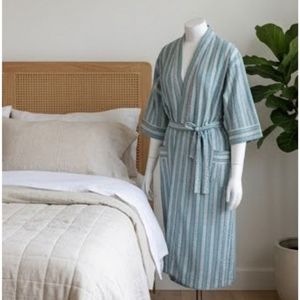 <b>Women</b> Striped Cotton Bamboo Fiber <b>Robe</b> Mandarin Collar Three Quarter Sleeve Knee Length Casual Soft Woven Drawstring Closure - Product Image 4