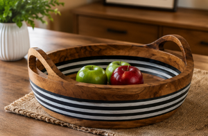 Natural Acacia Wood Serving Tray with Handles | Decorative Fruit Bowl | Wooden <b>Bread</b> <b>Basket</b> for Home & Hotel - Product Image 5