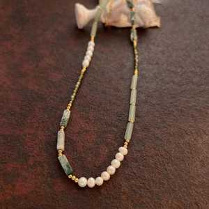 Boho Layered Necklace Green Stone 925 Sterling Silver 14K Gold Plated <b>Beaded</b> Gold Charm Pearl Turquoise Necklace - Product Image 3