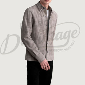 เสื้อแจ็คเก็ตหนังกลับสีเทาสำหรับผู้ชาย หนังแกะแท้ ทรงเข้ารูป สไตล์ลำลอง ติดกระดุม น้ำหนักเบา มีกระเป๋าหน้าอก - Product Image 6