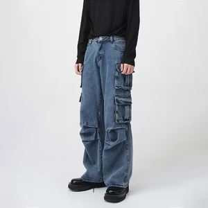 Nuevos Jeans de Diseñador 2026, Cintura Media, Denim Lavado Azul, Multibolsillos, Estilo Cargo Holgado para Hombre, Servicio OEM ODM - Product Image 3