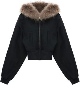 Black Fur Zip Up Hoodie <b>Jacket</b> Y2k Faux Fur <b>Lined</b> Hooded Coat Streetwear Style <b>Jackets</b> - Product Image 5