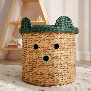 Top Selected Wicker Water Hyacinth <b>Bear</b> Laundry Kid Basket With Green Lid <b>Cute</b> Animal Toy Organizer Nursery Kids Storage Basket - Product Image 5