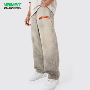 กางเกงยีนส์เดนิมทรงหลวมพรีเมียมสำหรับผู้ชาย ล้างสีแบบแอซิด ทรงขากว้าง ระบายอากาศได้ดี ผ้าฝ้ายปักลาย สไตล์ฮิปฮอป สตรีทแวร์ สเก็ตบอร์ด - Product Image 1