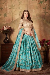Blue Floral Organza A-Line Floor-Length <b>Lehenga</b> Choli Embroidered Bollywood Wedding Dress Women Party Outfit - Product Image 5