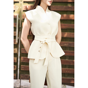 Women's for Two Piece <b>Set</b> Stand Collar Half Sleeve <b>Blazer</b> Flared Pants Polyester/Spandex Office Wear Regular Fit Belt Button - Product Image 4