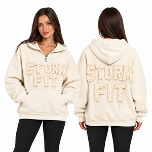 Sweat à capuche mi-zippé pour femme, rouge corail, coupe Storm Fit, avec appliqué lettres, épaules tombantes, poche kangourou, en polaire décontractée, style streetwear, coupe-vent - Product Image 3