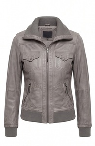 Wholesale <b>Women</b> Grey Sheep Skin Eco-Friendly Windproof Bomber <b>Jacket</b> Ribbed Trim Flight Moto Coat Custom Full Zip Utility - Product Image 2