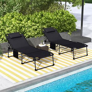 Set di 2 Sdraio Pieghevoli Nere per Piscina, Schienale Reclinabile a 5 Livelli, Tasca Laterale con Foro per Lettura, per il Divertimento all'Aperto - Product Image 2