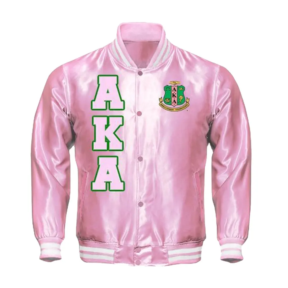 custom decoration letterman applique logo women baseball winter pink satin bomber jacket ladies fashion jacket