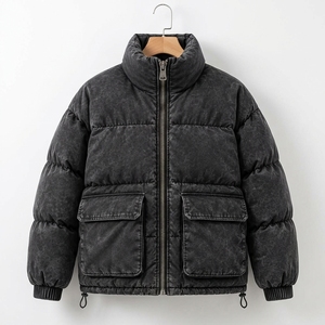 Chaqueta Acolchada Impermeable Unisex Negra con Efecto Ácido, con Cierre, Capucha y Múltiples Bolsillos, para Invierno - Product Image 2
