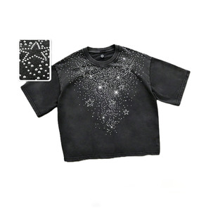 Camisetas personalizadas para hombre con diseño de estrella de diamantes de imitación de 250 GSM, estilo oversize, lavado ácido, algodón, ropa urbana, venta al por mayor, proveedor OEM personalizado - Product Image 2