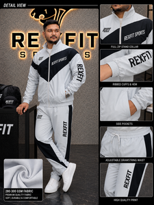 REXFIT SPORTS 2026 Ensemble de survêtement homme blanc et noir, fermeture éclair intégrale, col montant, ensemble de sport personnalisé pour l'entraînement et le jogging - Product Image 1