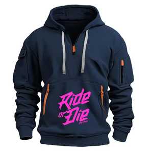 Sudadera con capucha y media cremallera para hombre, corte regular, de algodón tejido, con diseño de bolsillo y estampado 'Ride Or Die', estilo casual para otoño - Product Image 3