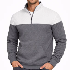 Sudadera de hombre gris y blanca con paneles acolchados y cremallera de un cuarto, de mezcla de algodón premium, con bloques de color y bolsillo canguro - Product Image 1