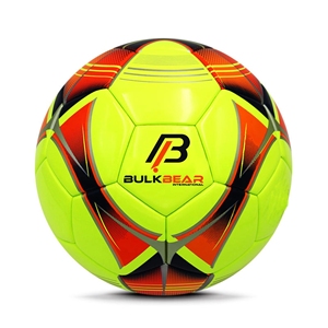Ballon de football jaune vif avec accents rouges et noirs, durable, léger (0,4-0,45 kg), emballage carton. - Product Image 1