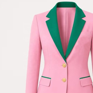 Blazer Rosa para Mujer con Solapa Verde y Botones Dorados, Manga Larga, Color Sólido, Cuello de Solapa, Cierre de un Solo Botón, Lana y Poliéster - Product Image 4