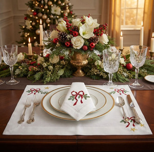 Wholesale Custom Traditional Linen Hemstitch Mat Set Embroidered <b>Red</b> <b>Bow</b> Pine Leafs Christmas Placemat Napkin Machine Washable - Product Image 2