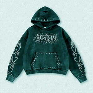 Sudadera con capucha extragrande personalizada para hombre, con pedrería, lavado ácido, estilo urbano, de felpa francesa negra, estilo moderno de otoño - Product Image 2