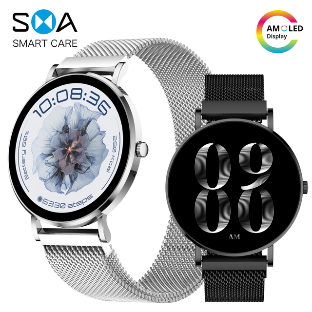 AM28 AMOLED Smartwatch Bluetooth Call Voice Control IP68 Waterproof Female Health Multi-Sport Tracking