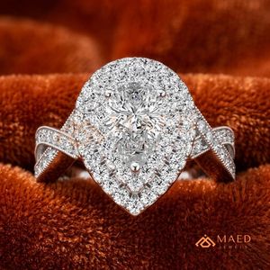 Pear Cut Moissanite Double Halo Engagement <b>Ring</b> 925 Silver <b>Split</b> Shank Pave Band Wedding <b>Ring</b> Diamond Look Jewelry - Product Image 1
