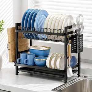 Double Tier Metal Dish Rack With <b>Utensil</b> <b>Holder</b> For <b>Kitchen</b> Storage Modern Design Standing Type Multifunctional - Product Image 1