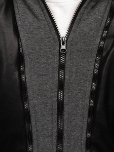 Men's Black PU <b>Leather</b> Hooded Moto <b>Jacket</b> with Zipper Closure and Side Pockets Autumn Windproof Style - Product Image 5