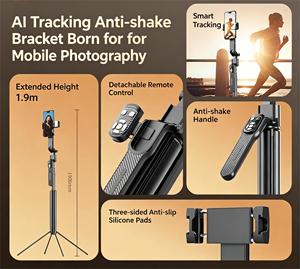 ขาตั้งกล้องแบบ Heavy-Duty ขนาด 6.2 ฟุต พร้อม Gimbal Stabilizer ติดตามใบหน้าอัตโนมัติ ผลิตจากอลูมิเนียมอัลลอยเสริมความแข็งแรง หมุนได้ 360 องศา °   ขาตั้งโทรศัพท์อัจฉริยะติดตามอัตโนมัติ - Product Image 2
