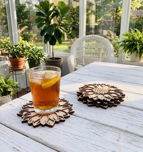 Sunflower Laser Cut Solid Wood Coaster Handcrafted Heat Resistant Drink Mat <b>Table</b> <b>Protector</b> Coffee Tea Cup Holder Home Decor - Product Image 4