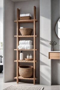 <b>Rustic</b> Teak Wood Bathroom Storage Rack with Multi Tier Slatted Shelves - Product Image 2