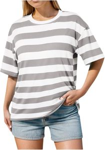 Camiseta Deportiva Informal a Rayas para Mujer, de Uso Diario, Cuello Redondo, Estilo Deportivo, Talla Grande - Product Image 3