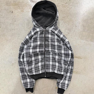 Sweat-shirt en flanelle à carreaux surdimensionné en coton 100% de haute qualité avec logo personnalisé, fermeture éclair double réversible, capuche réversible - Product Image 4