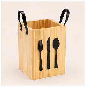 Handcrafted Natural Pine Wood Cutlery Holder With Premium Leather Handles Multi-Compartment Utensil Caddy For Dining <b>Tabletop</b> - Product Image 3