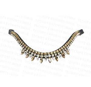 Diadema de Cuero Curvada de Lujo para Caballo con Tachuelas Doradas y Cristales de Imitación |   Brida Inglesa Premium de Tamaño Personalizado - Product Image 1