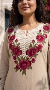 Top Quality Khadi Cotton with Multi-Thread Flower-Leaf work Yoke & Full Sleeve Straight Long <b>Kurti</b>-Pant-Dupatta Indian Exporter - Product Image 2