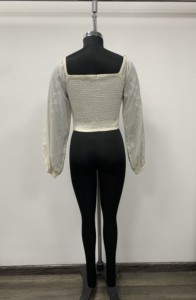 Blusa Corta de Algodón Blanco para Mujer, Cuello Cuadrado, Manga Abullonada, Bordada, Transparente, Estilo Vintage, para Primavera/Verano - Product Image 2