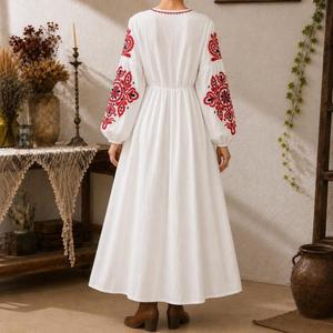 Vestido Maxi Boho Premium de Algodón con Bordado Rojo, Manga Larga, Corte en A, Holgado, Cuello con Lazo, Estilo Vintage, Ropa Casual de Primavera - Product Image 2
