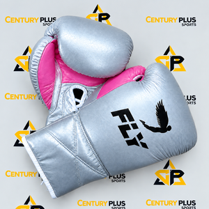 Gants de boxe Fly Super Lace argentés et roses, de qualité supérieure, très demandés, en cuir de vachette véritable, pour entraînement professionnel. - Product Image 2