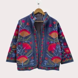 Veste en velours brodée de fleurs bohèmes, coupe-vent et respirante, manteau Suzani, manteau court en tricot d'hiver - Product Image 4